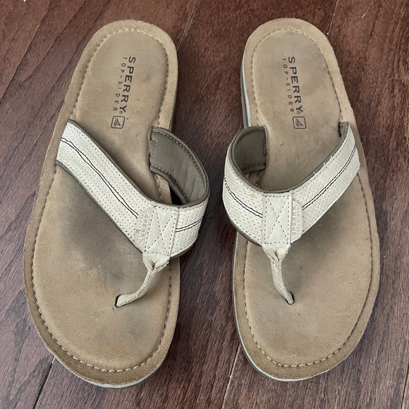 Sperry Cream Tan Leather Flip Flops Sandals Top Sliders Size 10 - Picture 10 of 10